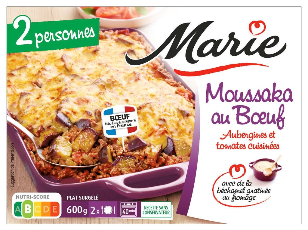 Moussaka au Bœuf Aubergines et tomates cuisinées, béchamel et oignons cuisinés MARIE 600G