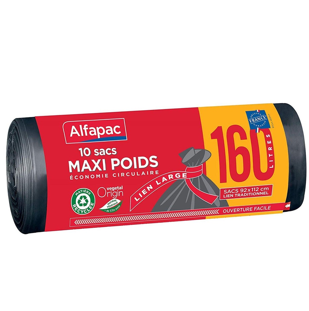 10 Heavy-Duty 160 L Trash Bags with Wide Drawstring