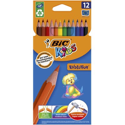 BIC Kids Evolution Crayons de Couleur - Couleurs assorties, Étui Carton de 12
