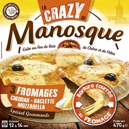 [864280] Pizza aux fromages (cheddar, raclette, mozzarella) avec un bord fourré au fromage fondu, cuite au feu de bois surgelée