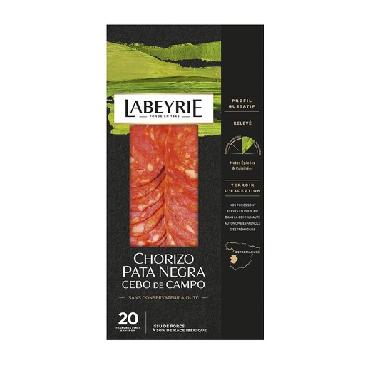[920025] Chorizo PATA NEGRA Cebo de campo 60g, environ 20 tranches fines, Labeyrie