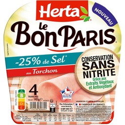 [864587] HERTA LE BON PARIS Jambon au Torchon Conserv Sans Nitri -25%selx4-140G
