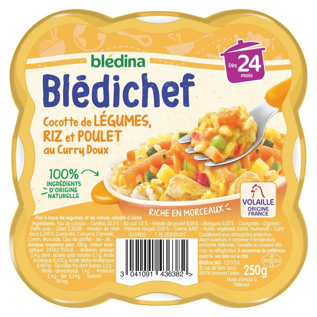 BLEDINA BLEDICHEF Petit Plat Cocotte de Légumes, Riz et Poulet au Curry Doux 250g dès 24 mois