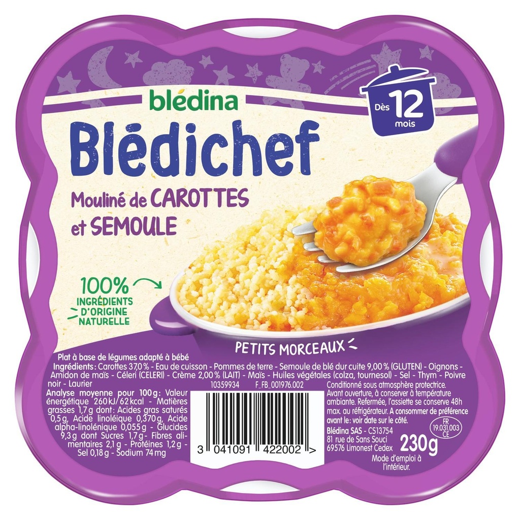 BLEDINA BLEDICHEF Mouliné de Carottes et Semoule 230g Dès 12 mois
