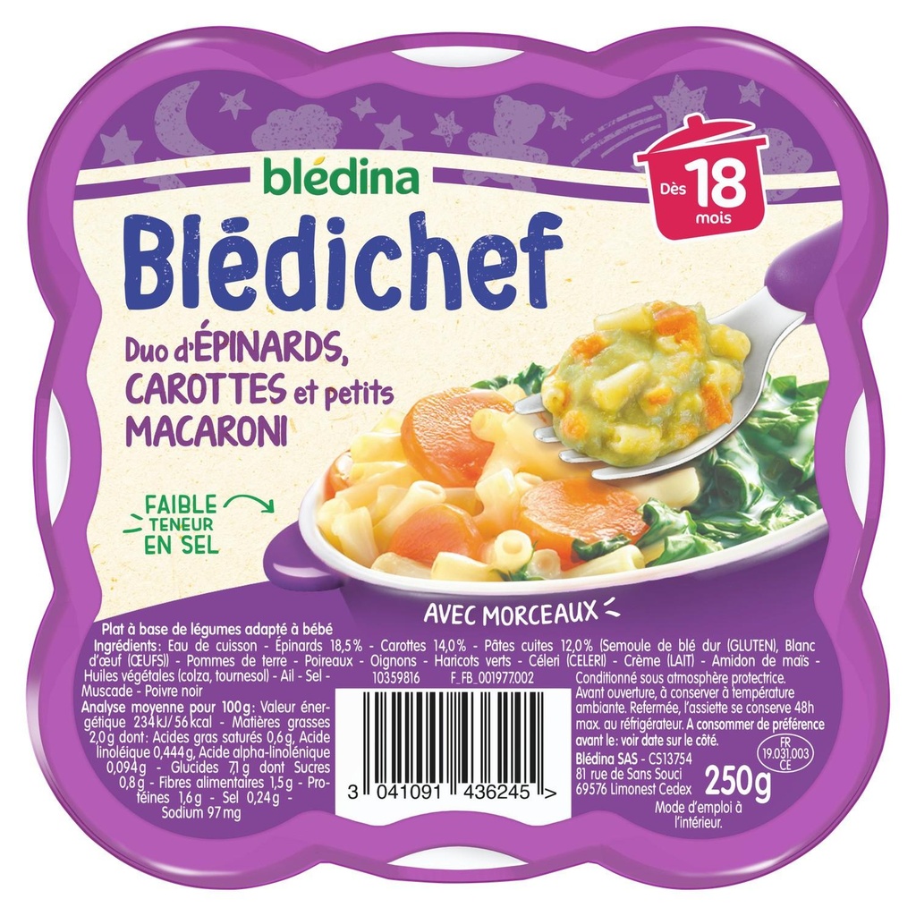 BLEDINA BLEDICHEF Duo d'Epinards, Carottes et Petits Macaroni 250g Dès 18 mois