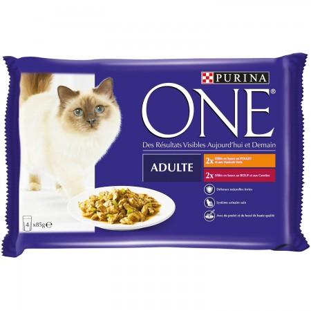PURINA ONE Adult Cat Chicken, Beef - 4 x 85 g - Fresh pouches for adult cats