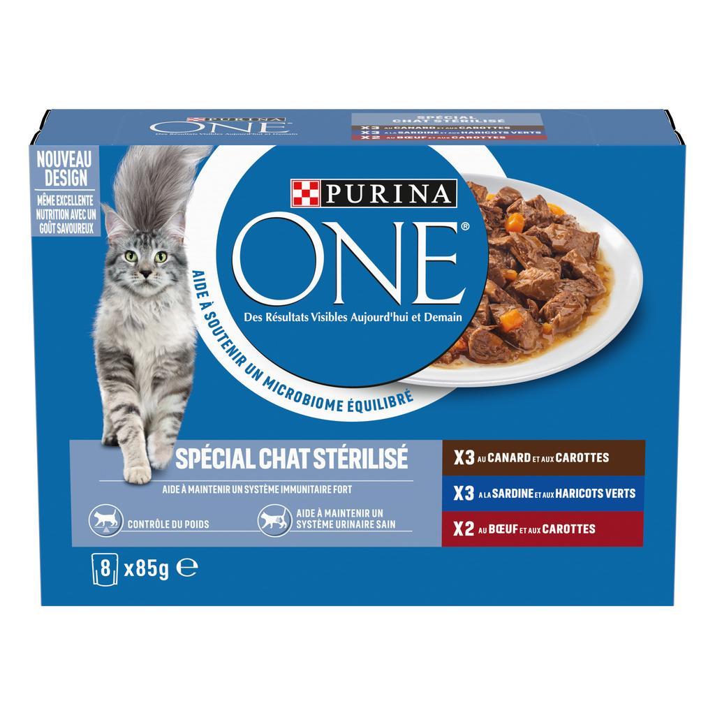 PURINA ONE® SPÉCIAL CHAT STÉRILISÉ Effilés en Sauce à la Sardine, au Canard ou au Boeuf - 8X85g - Sachets repas pour chats adultes