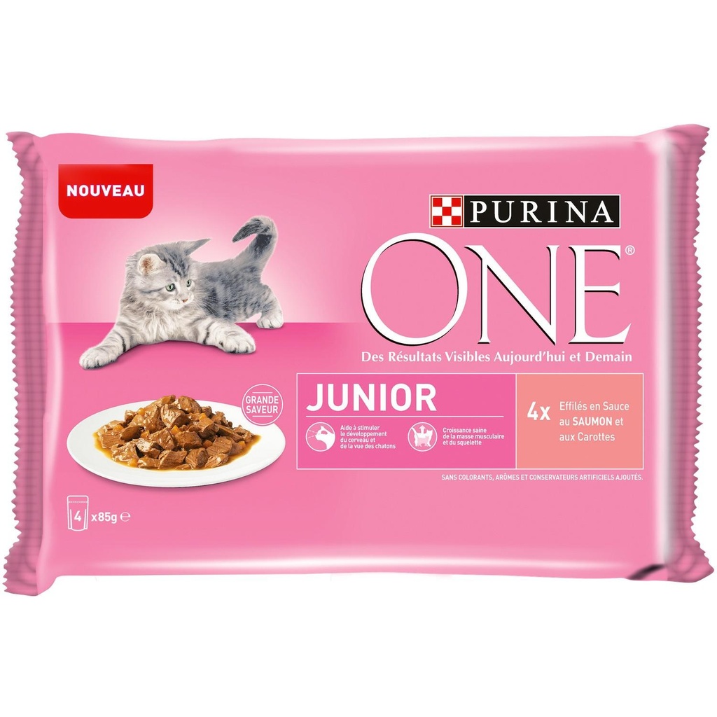 PURINA ONE Kitten Junior – 1 to 12 Months – Salmon – 4x85g – Fresh Pouches for Kittens