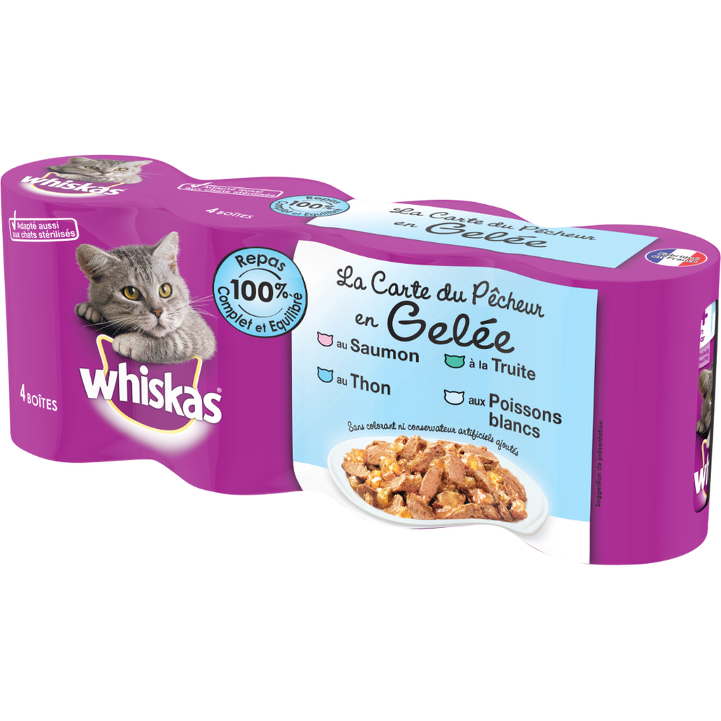 WHISKAS Boîtes en gelée aux poissons Carte du Pecheur pour chat 4x400g