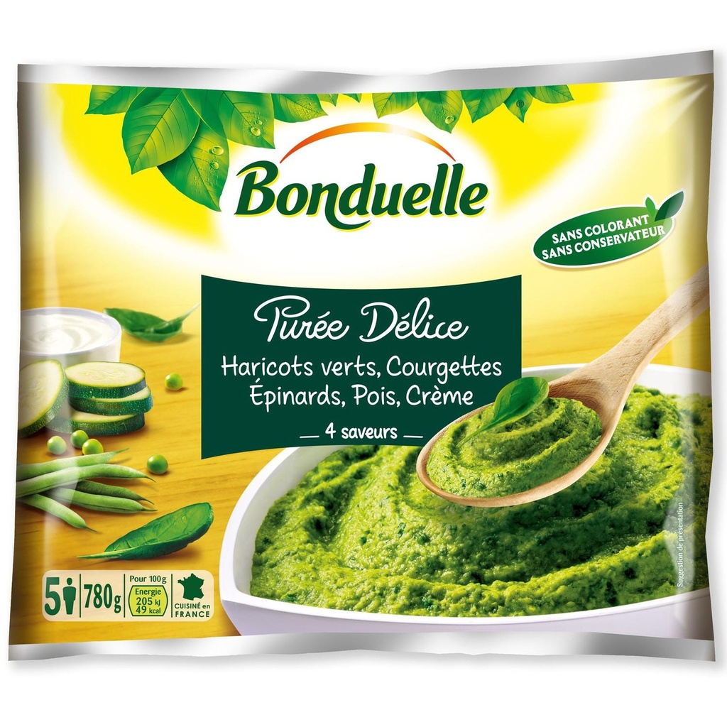 Purée Délice 4 saveurs Haricots verts, courgettes, épinards, pois, crème Bonduelle 780g