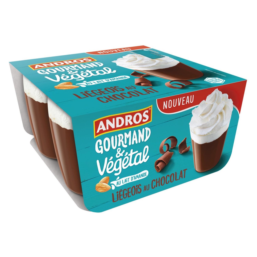 Andros Dessert Végétal Liégeois Chocolat au lait d'Amande 4x90g