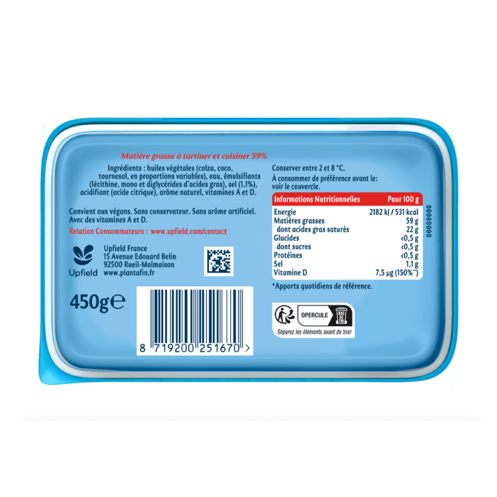 PLANTA FIN Margarine Sans Huile de Palme & 100% végétal Demi-sel 450g