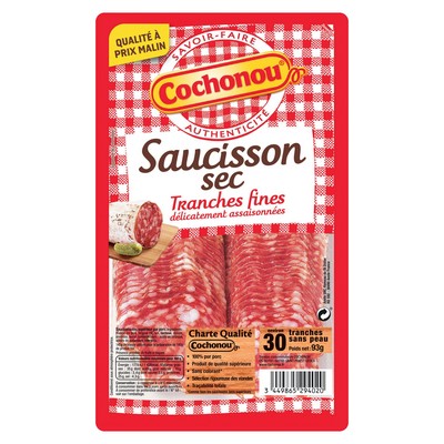 Saucisson sec Cochonou Tranches fines - 30 tranches - 93g