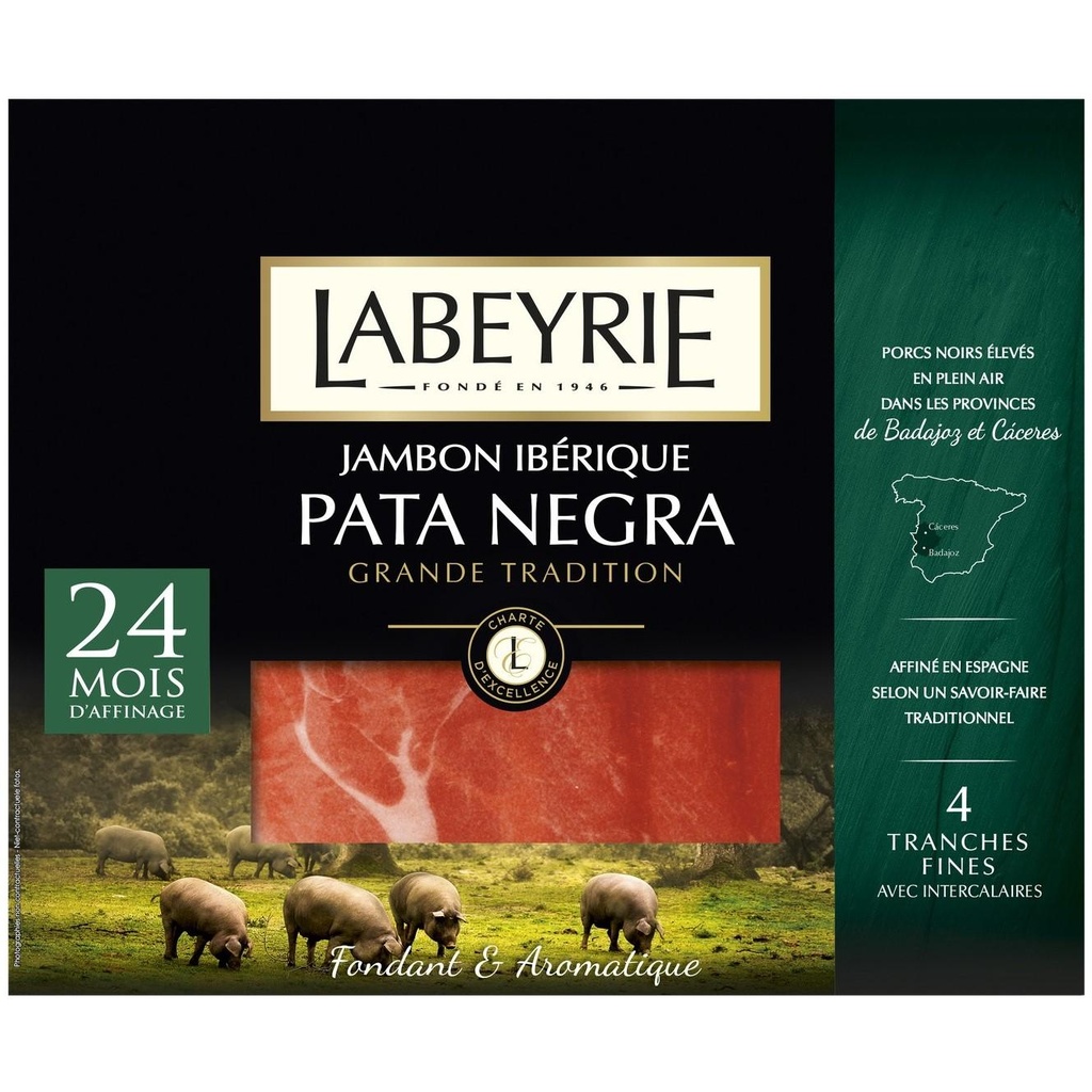 Ibérico Pata Negra Ham, Cebo de Campo, Preservative-free, Aged Minimum 24 Months – 4 Slices, 60g – Labeyrie