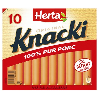 HERTA KNACKI ORIGINAL Saucisses 100% pur porc sel réduit x10