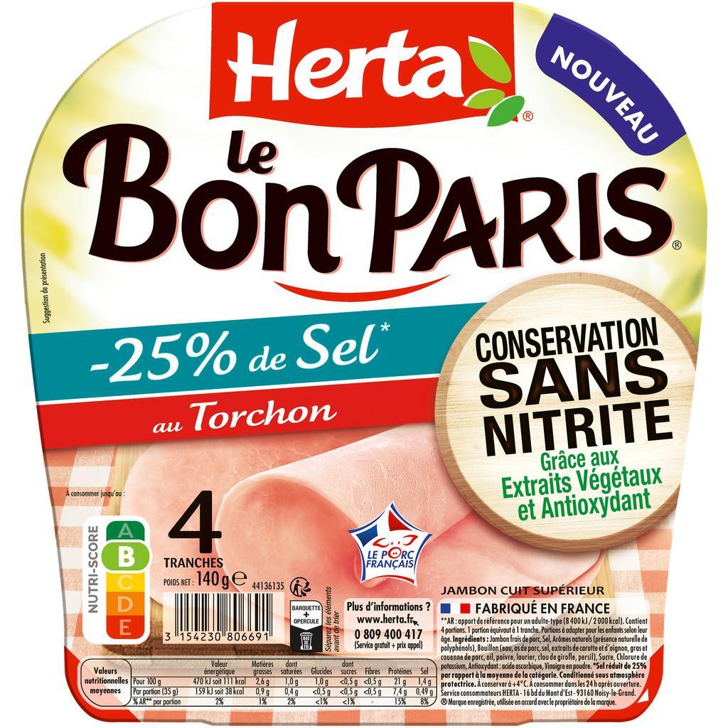 HERTA Le Bon Paris Cooked Ham Torchon Style No Nitrites -25% Salt x4-140g