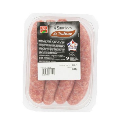 SAUCISSE DE TOULOUSE X 4 BF BARQUETTE 500 G