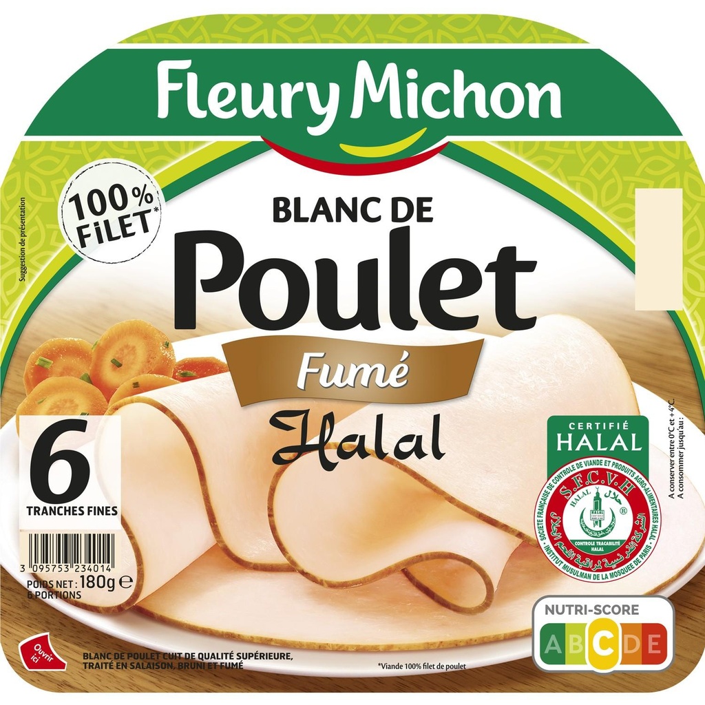 6 tr. Fines Blanc de POULET FUME - HALAL