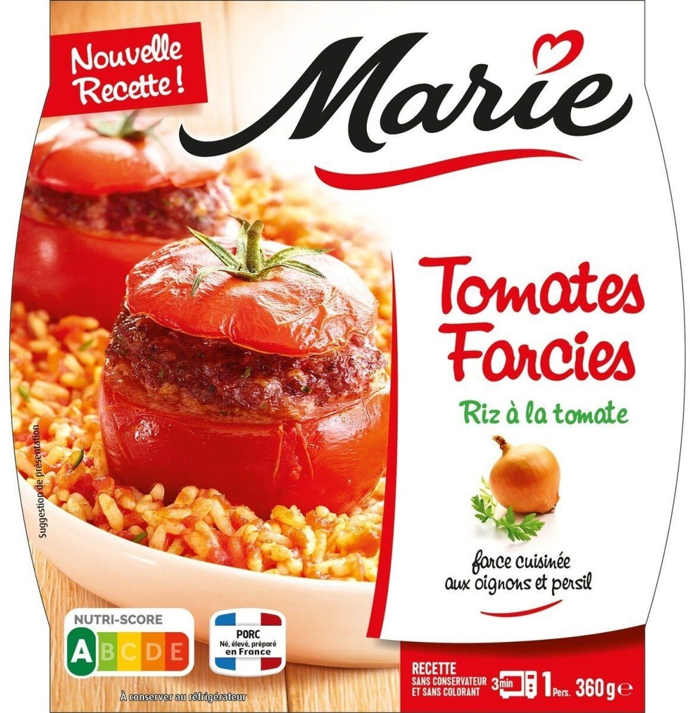 Tomates farcies, riz à la tomate, farce cuisinée aux oignons et au persil 360g MARIE
