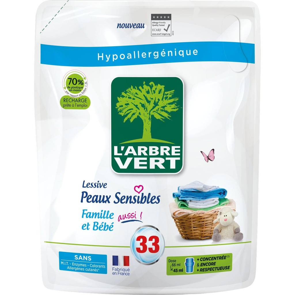 L'Arbre Vert Recharge Lessive Ecolabel Peaux Sensibles Famille Et Bébé Aussi ! - Hypoallergénique - 34 Lavages - 94% d'ingrédients d'origine naturelle - 1,53L