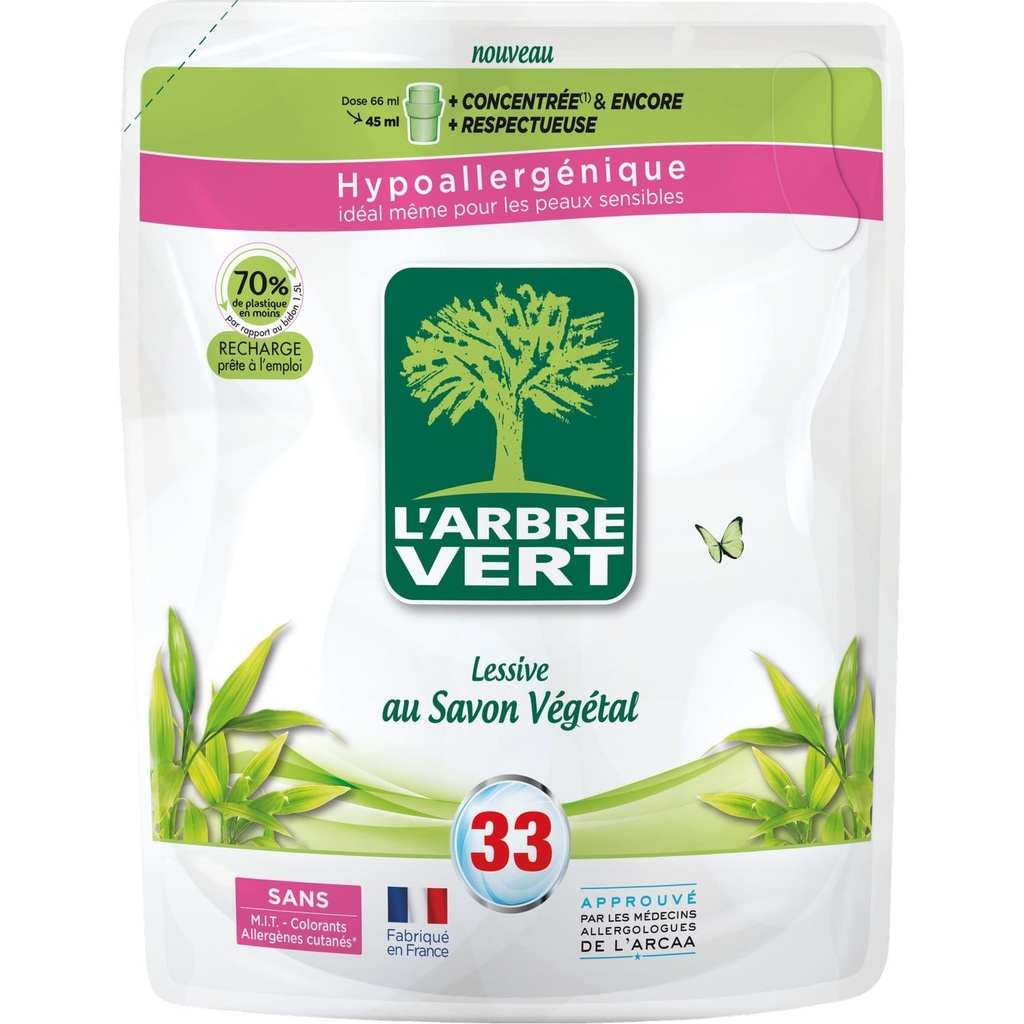 L'Arbre Vert Laundry Refill Ecolabel Plant-Based Soap - Hypoallergenic - 34 Washes - 94% Natural Origin Ingredients - 1.53L