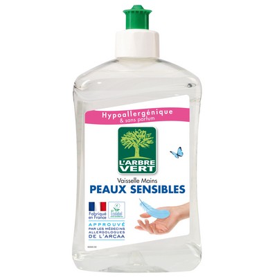 L'Arbre Vert Vaisselle Mains Ecolabel Peaux Sensibles - Hypoallergénique - 97% d'ingrédients d'origine naturelle - 500mL