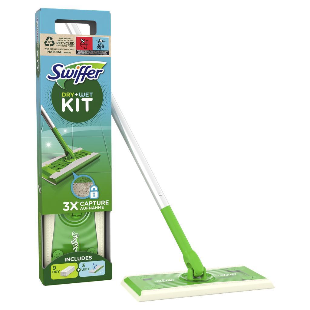 Swiffer Kit Balai Attrape-Poussière, 1 Balai, 9 Lingettes Sèches Et 3 Lingettes Humides Pour Sols