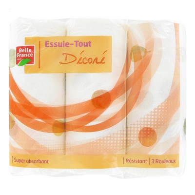Belle France Household Paper Towels 3 Rolls 2-Ply White Decorated 3 x 45 Sheets 100% Pure Cellulose