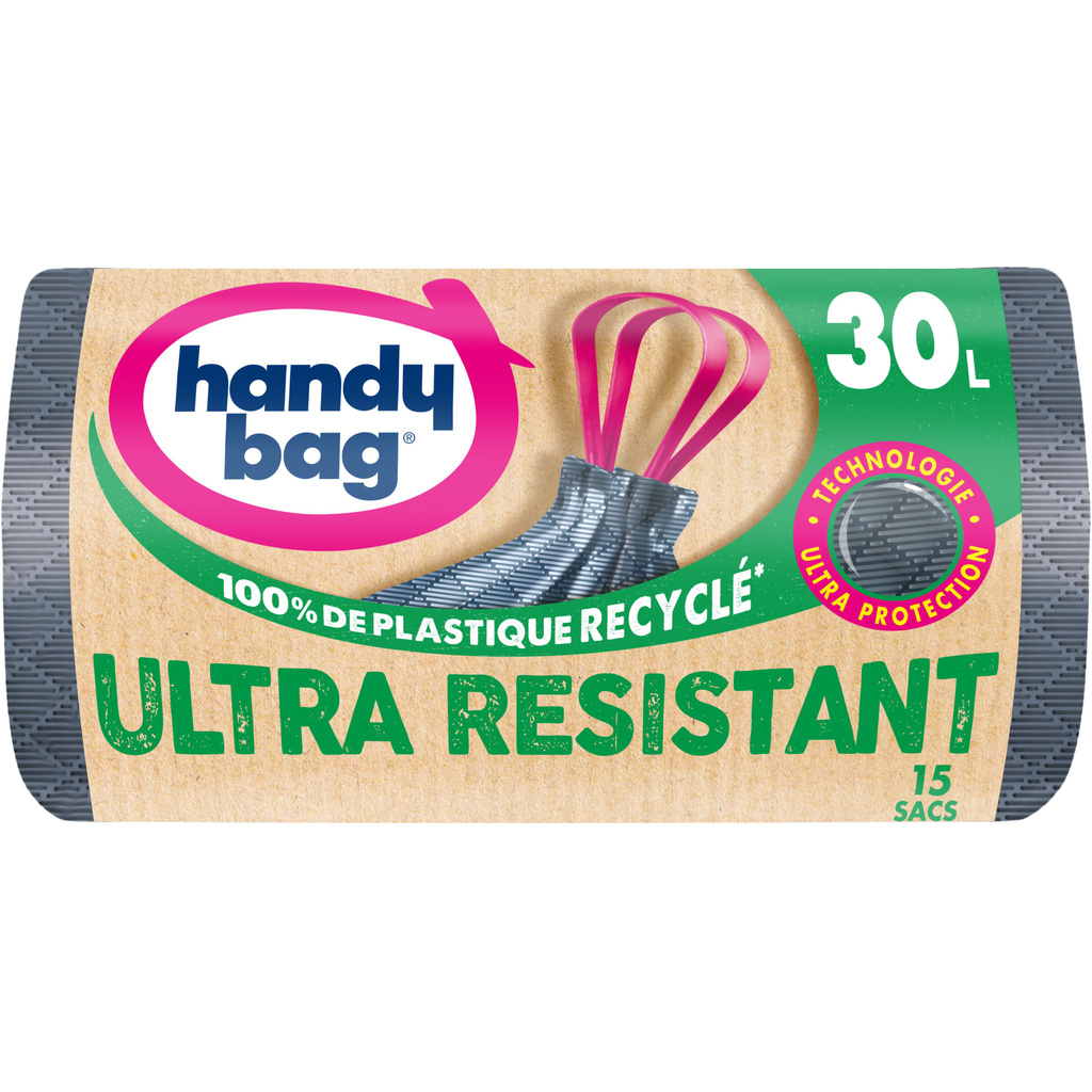 Sacs poubelle poignées coulissantes Ultra Résistant 30L x15, 100% plastique recyclé, Handy Bag