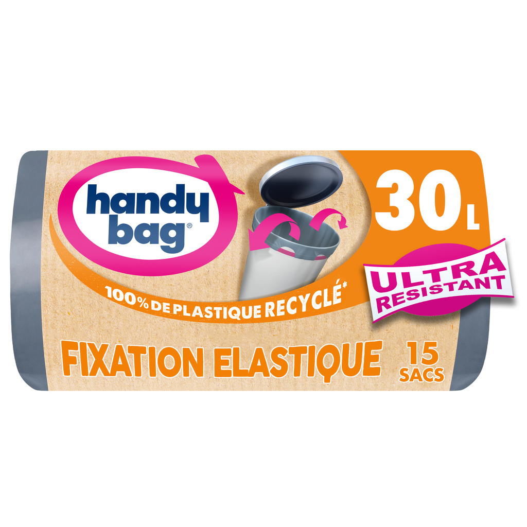 Sacs poubelle fixation élastique 30L x15, 100% plastique recyclé, Handy Bag