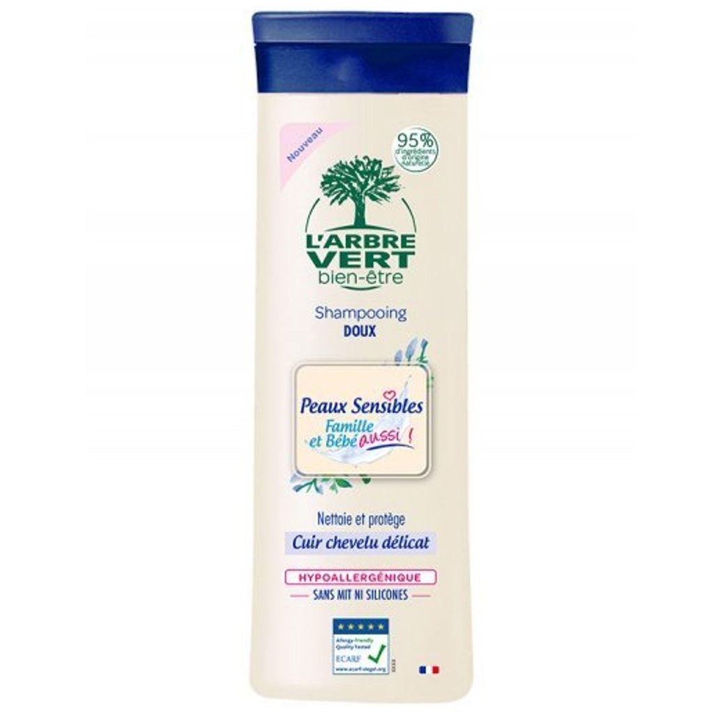 L'Arbre Vert Bien-être Shampooing Peaux Sensibles Famille et bébé aussi! Cuir chevelu délicat - Hypoallergénique - 95% d'ingrédients d'origine naturelle - 250mL
