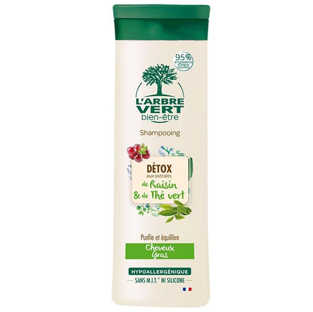 L'Arbre Vert Bien-être Shampooing Cheveux Gras Parfum Raisin et Thé Vert- Hypoallergénique - pH Neutre et Sans Silicone - 95% d'ingrédients d'origine naturelle - 250mL