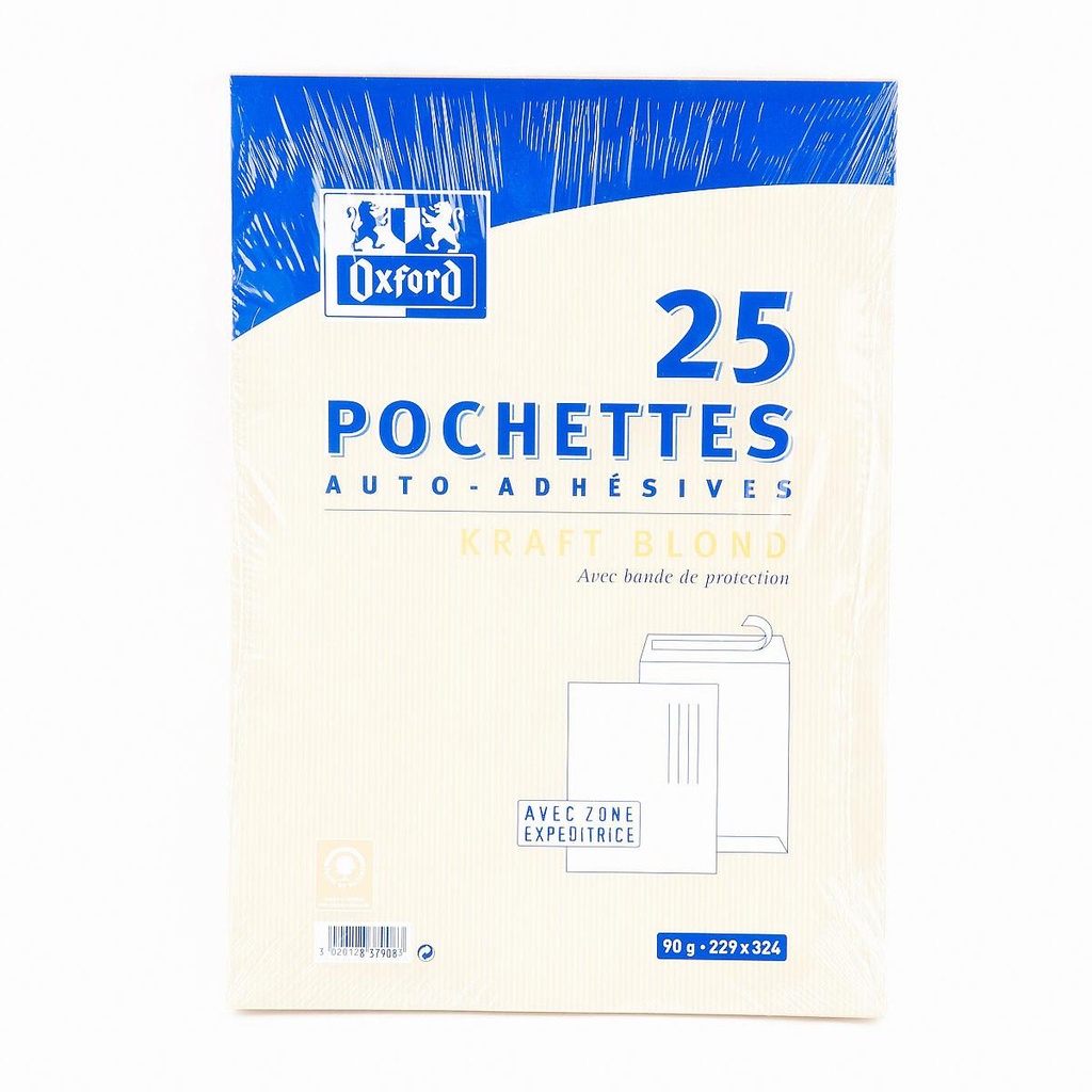 OXFORD Lot de 25 Enveloppes Auto-Adhésives 16,2x22,9cm Papier Kraft 90g Blond
