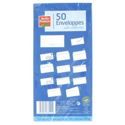 Belle France Envelope 110x220 80g x50 Self-Adhesive Pre-Scored NF Environment