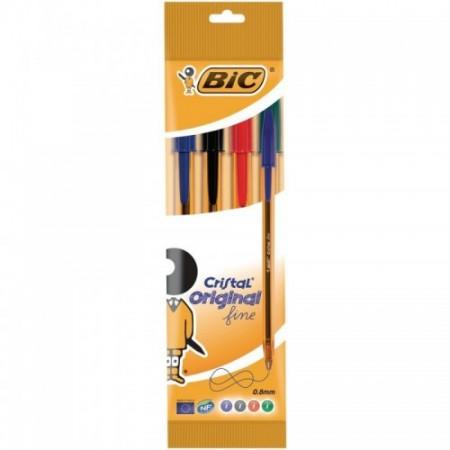 BIC Cristal Original Stylos-Bille Pointe Fine (0,8 mm) - Couleurs Assorties, Pochette de 4