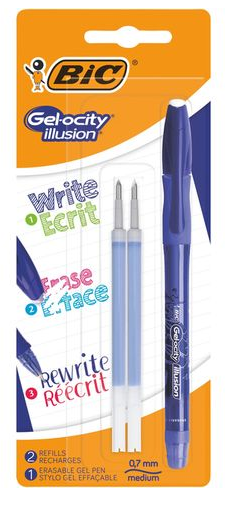 BIC Gel-ocity Illusion Erasable Gel Pen Medium Tip (0.7 mm) - Blue, Pack of 1 + 2 Refills