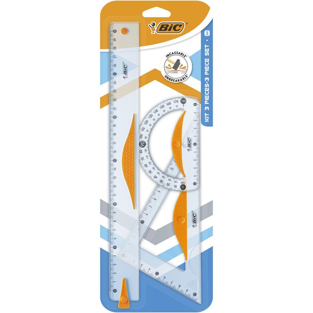 BIC Kit de Géométrie pour l’école ou la maison avec 1 règle plate (30 cm), 1 équerre (60°) et 1 rapporteur (180°) - Lot de 3