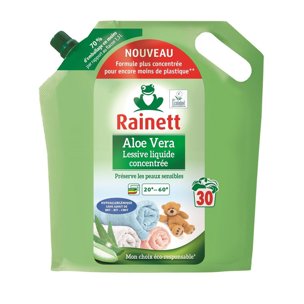 Rainett Concentrated Liquid Laundry Detergent for Sensitive Skin Ecolabel Aloe Vera 1.5L - Refill 30 washes