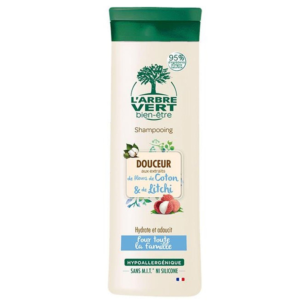 L'Arbre Vert Bien-être Shampooing Cheveux normaux Parfum Coton et Litchi - Hypoallergénique - pH Neutre et Sans Silicone - 95% d'ingrédients d'origine naturelle - 250mL