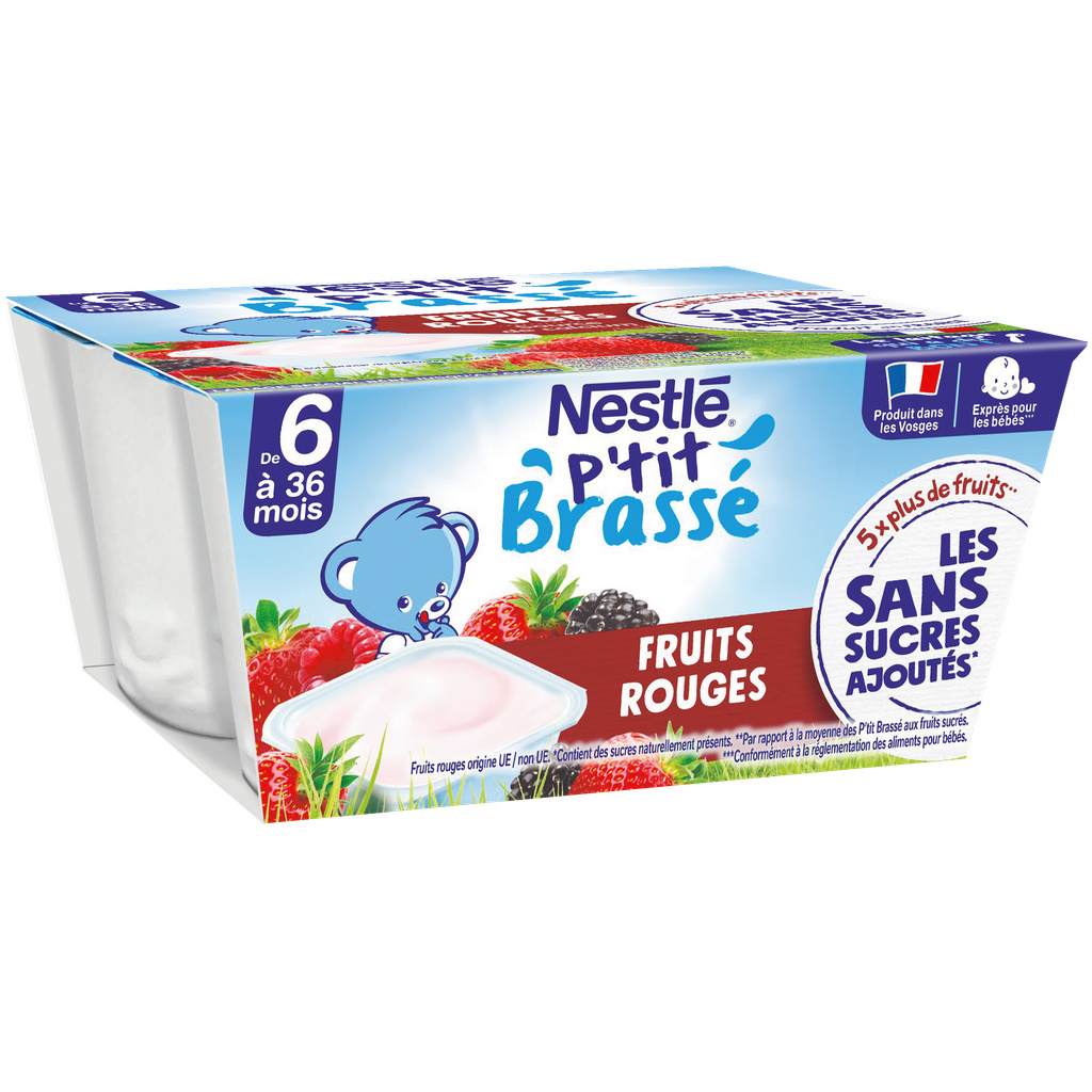 NESTLE P'TIT BRASSE Fruits rouges Sans Sucres Ajoutés 4x90g dès 6 mois