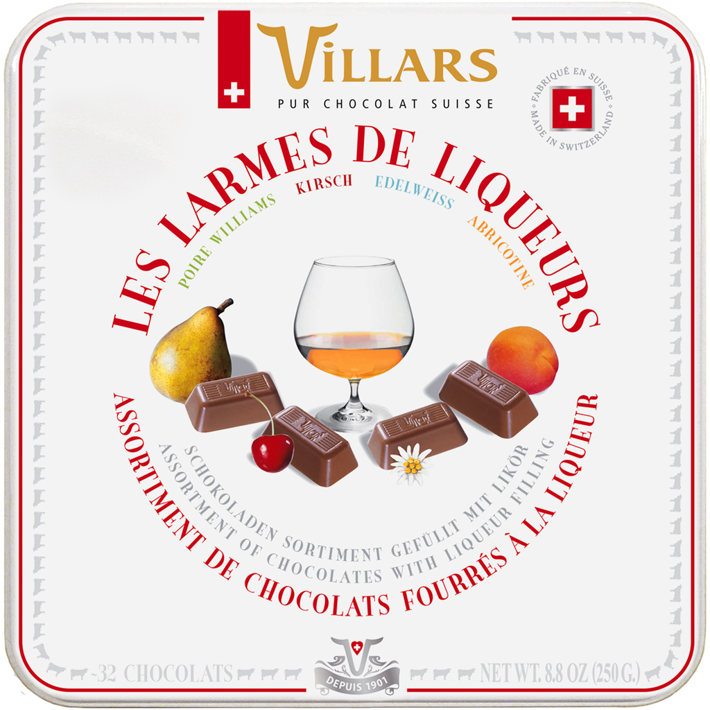 Boîte Métal Assortiment 4 Chocolats larmes de liqueurs Villars 250g