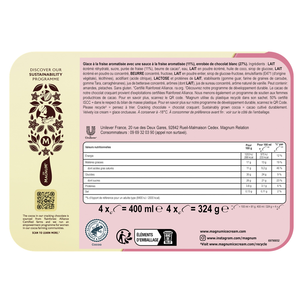 Magnum Glace Bâtonnet Chocolat Blanc & Fraise 4x100ml