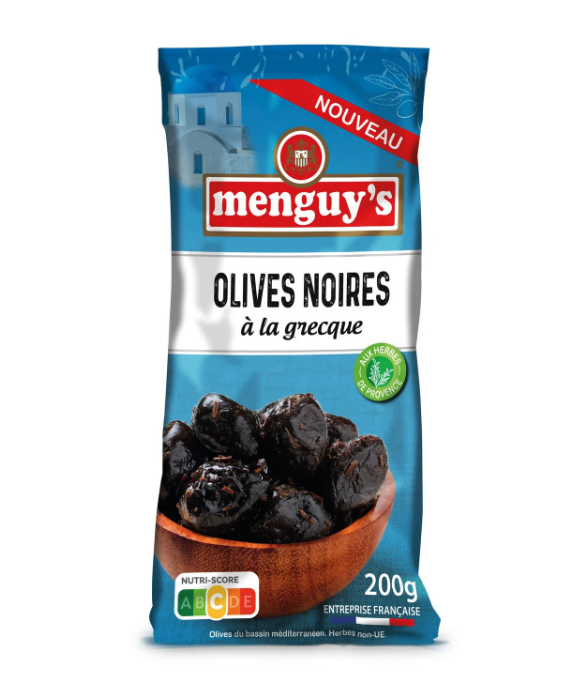 GREEK BLACK OLIVES 200G MENGUYS 