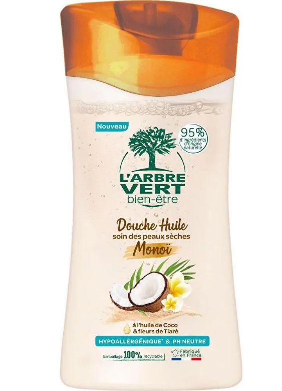 L'Arbre Vert Bien-être Douche Huile Parfum Monoï + huile de Coco  - Hypoallergénique & pH Neutre - 95% d'ingrédients d'origine naturelle - 250mL