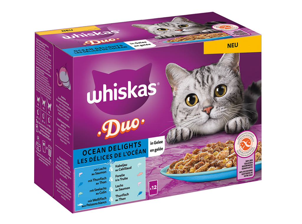 12X85G WHISKAS OCEAN  DUO JELLY CAT FOOD BAGS