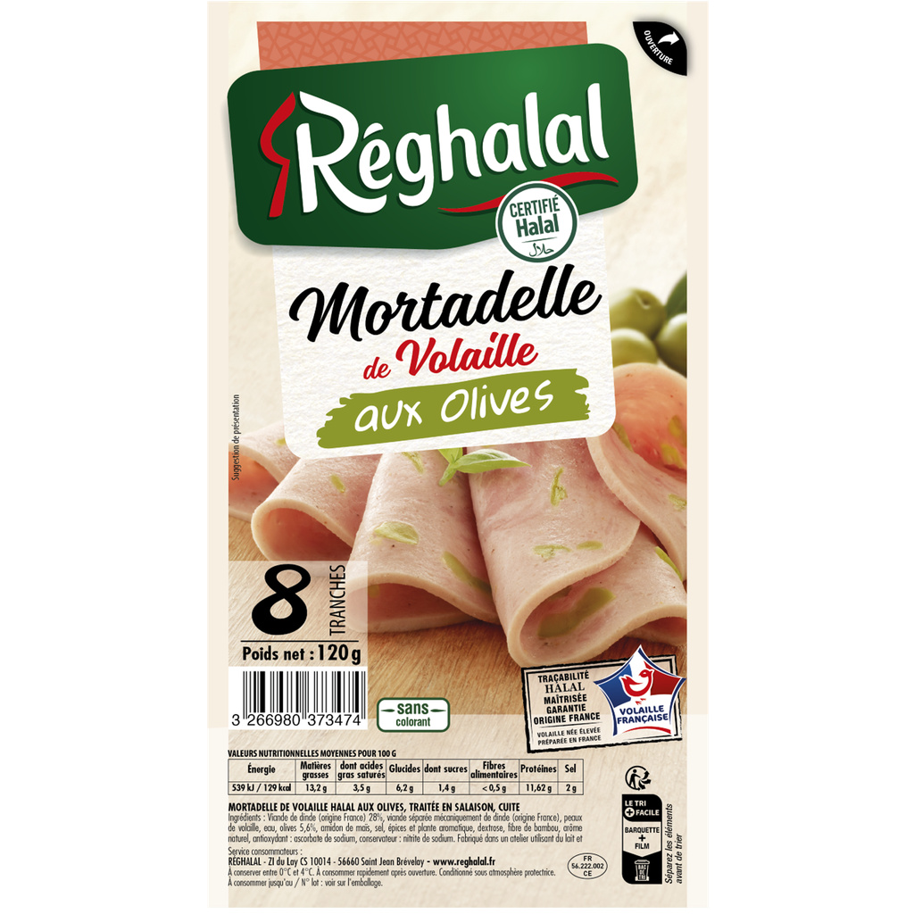 120G REGHALAL MORTADELLE DE VOLAILLE AUX OLIVES 8 TRANCHES