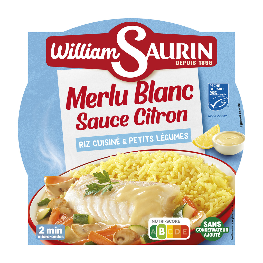 WILLIAM SAURIN - Merlu Blanc Sauce Citron, Riz Cuit & Légumes Variés 300g