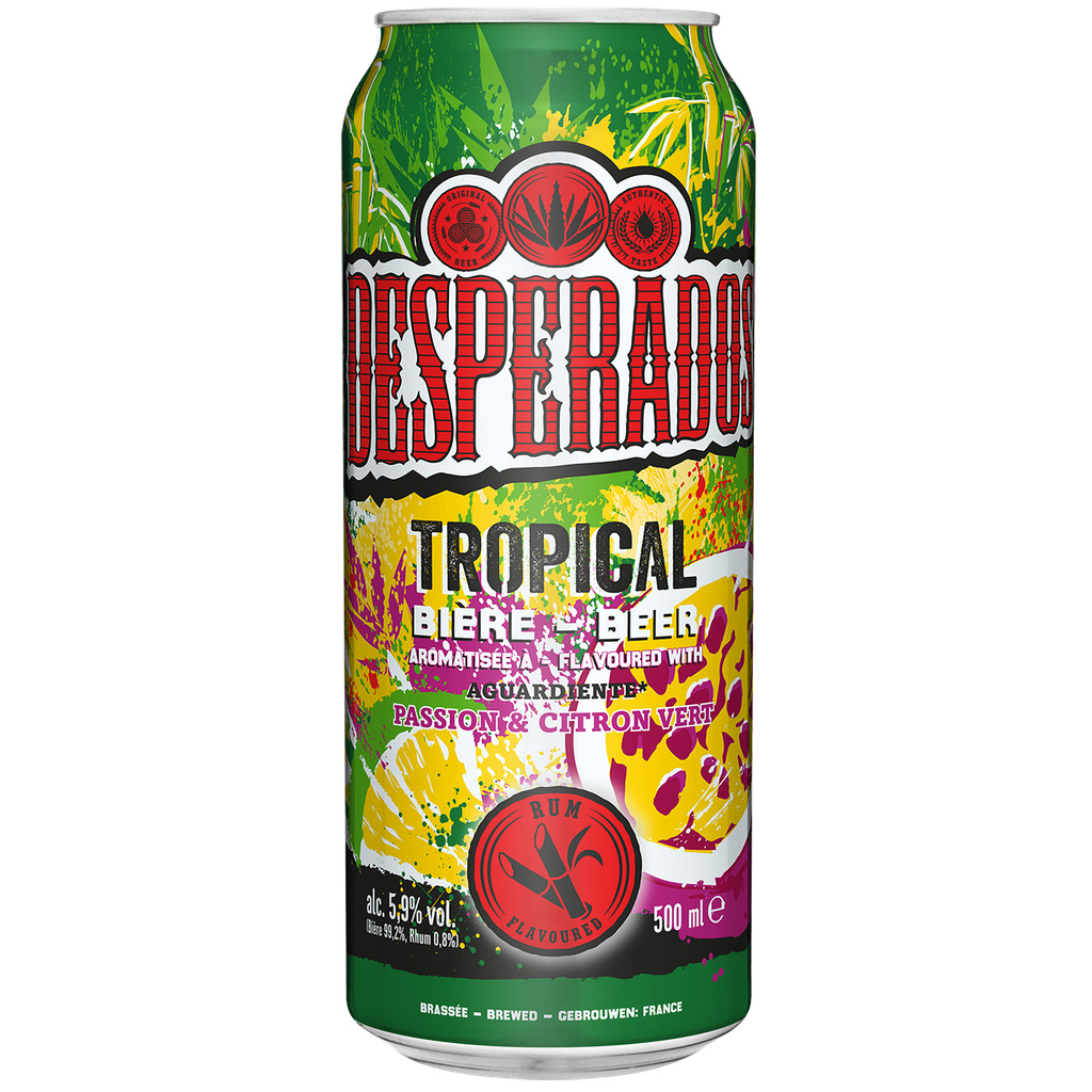 Desperados Tropical - Bière aromatisée au spiritueux de rhum, fruit de la passion, citron vert - 50 cl - 5.9%