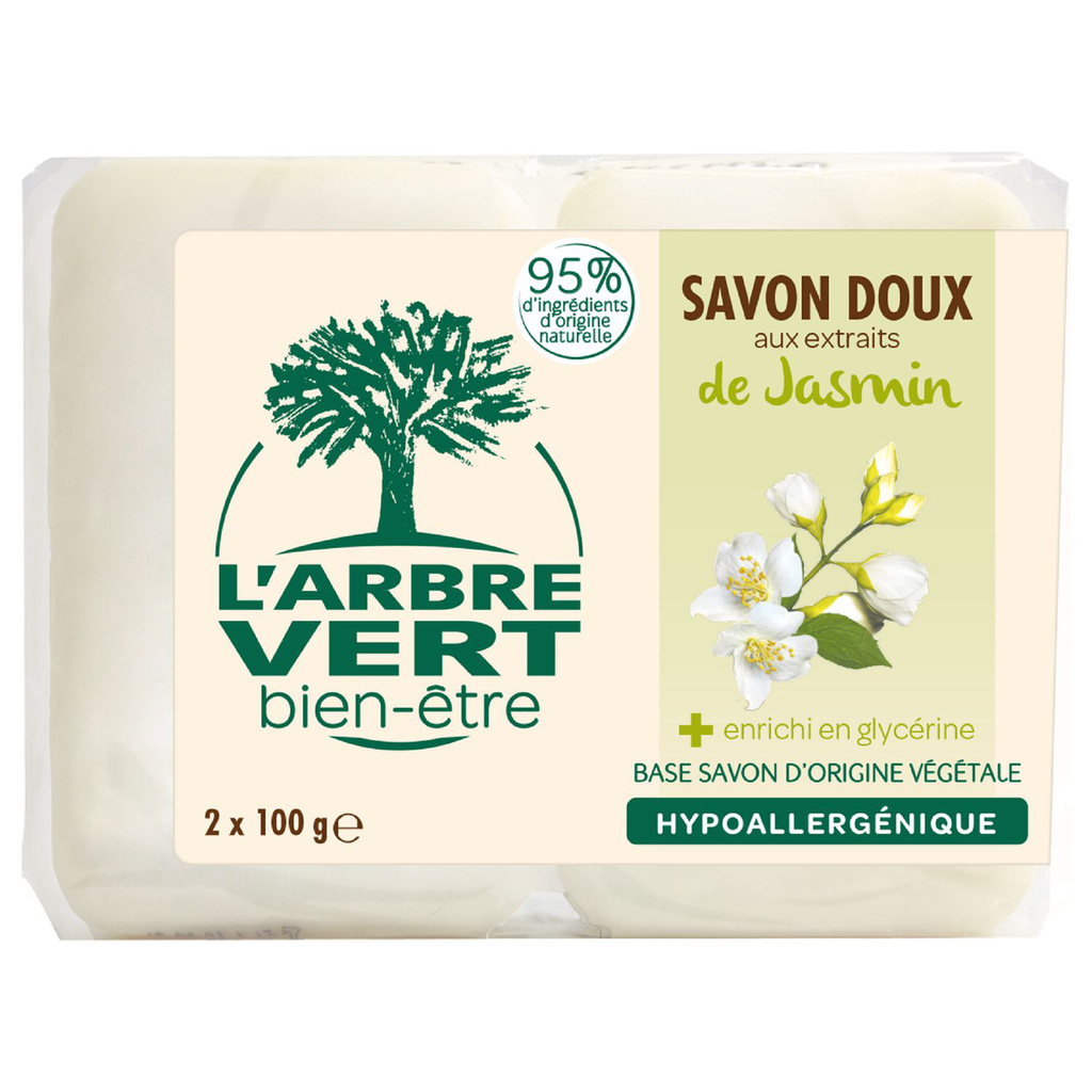 L'Arbre Vert Bien-être Gentle Solid Soap Jasmine Scent - Hypoallergenic - 97% Natural Origin Ingredients - Pack of 2x100g