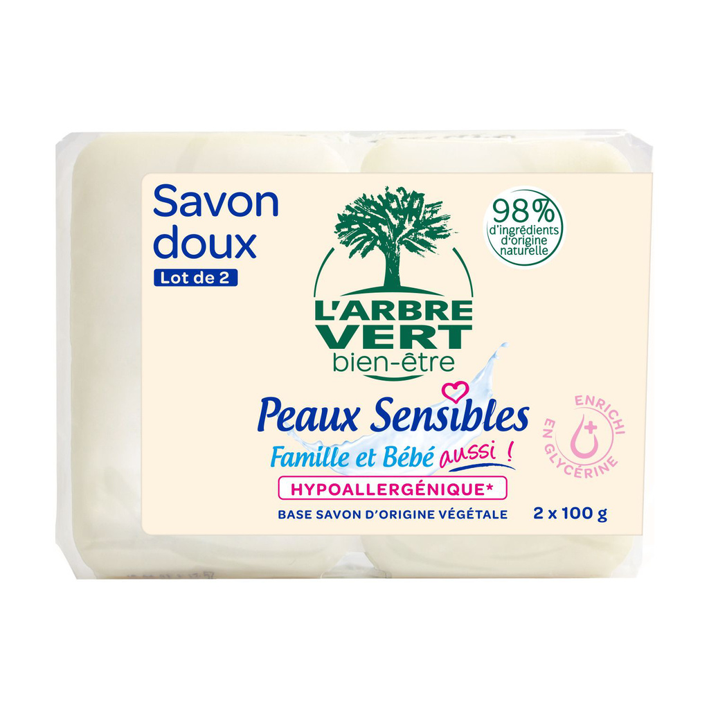 L'Arbre Vert Bien-être Savon Solide Doux à la Glycérine Peaux Sensibles Hypoallergénique 2x100g